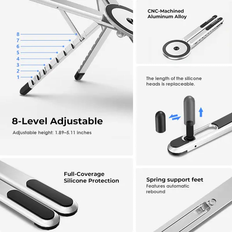 Viozon Portable Laptop Stand — Adjustable Aluminum Riser with Magnetic Phone Holder (10–16" Laptops, Silver)