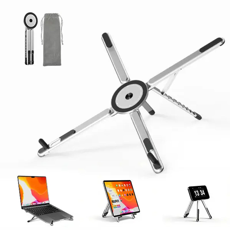 Viozon Portable Laptop Stand — Adjustable Aluminum Riser with Magnetic Phone Holder (10–16" Laptops, Silver)