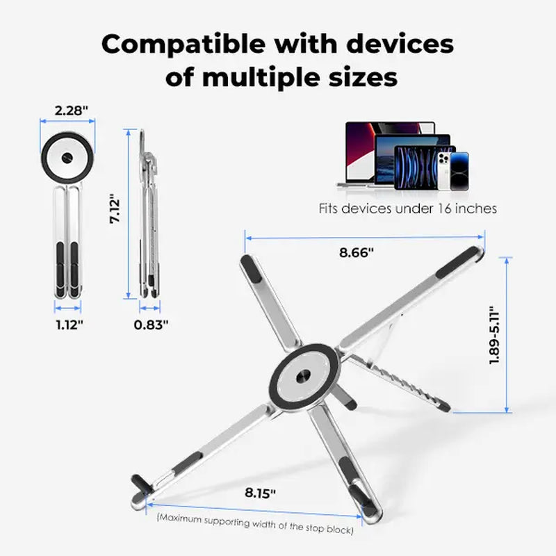 Viozon Portable Laptop Stand — Adjustable Aluminum Riser with Magnetic Phone Holder (10–16" Laptops, Silver)